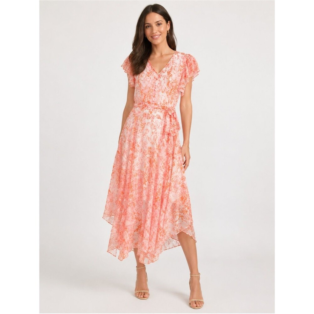 Vince Camuto Chiffon Midi Dress Ruffle Sleeve Tie Waist Paisley Orange S NEW